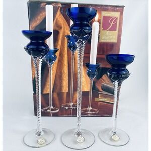 3 Romanian Crystal Cobalt Blue IRENE Single Light Candlestick Holders 8"/10"/12"
